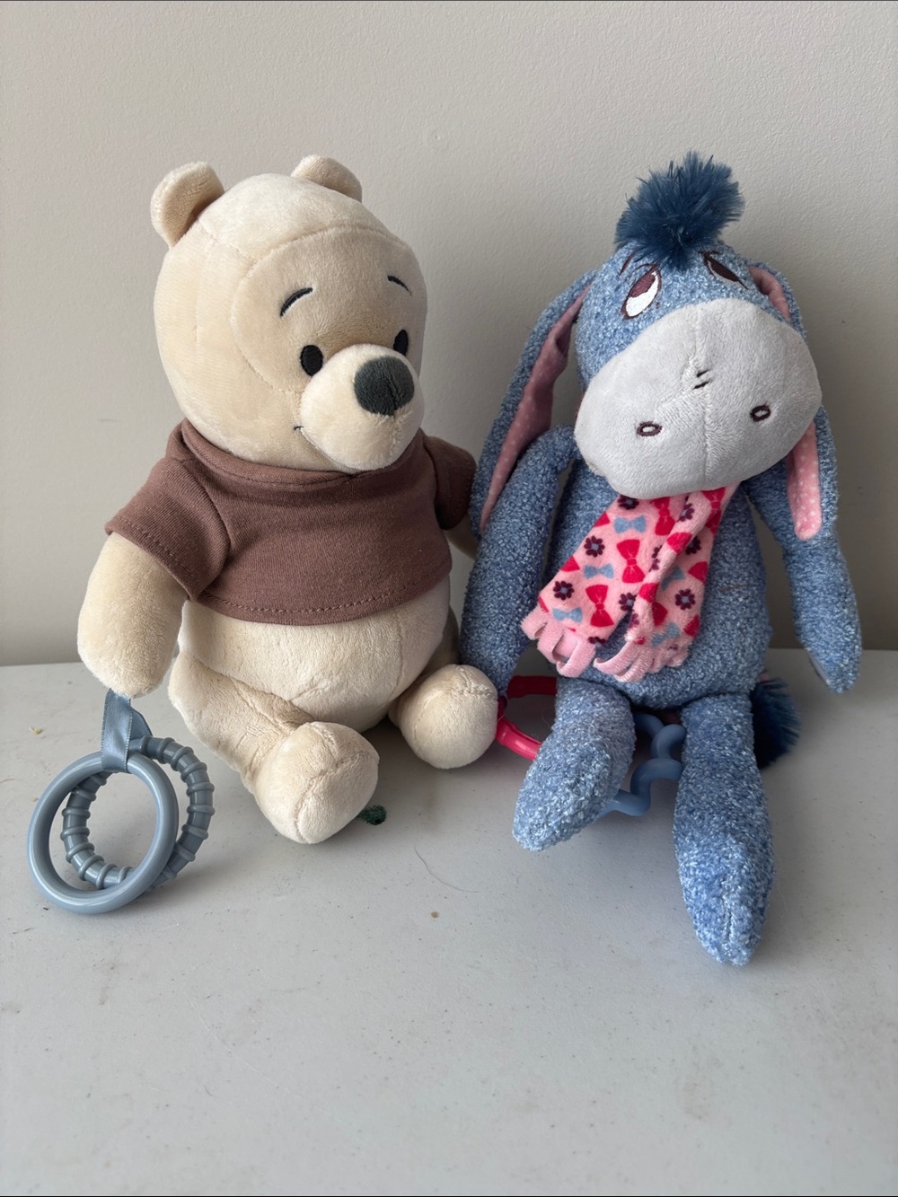 Disney Plush Winnie the Pooh Cream & Brown and Blue Eeyore with Pink Scarf Duo